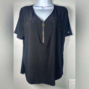 Anne Klein Women’s Black Top Zip Short Sleeve Blouse Size PXL